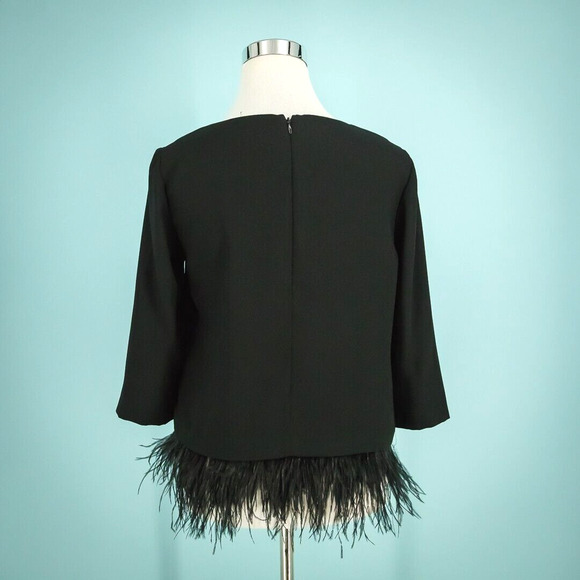 Club Monaco Size Small S Black Donnatina Ostrich Feather Crew 3/4 Sleeve Top - Picture 3 of 8